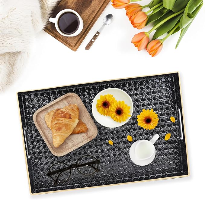 Black Decorative Coffee Table Tray, Rectangular Plastic Serving Tray with Handles for Living Room, Ottoman, Bathroom, 15.7"*10.2"