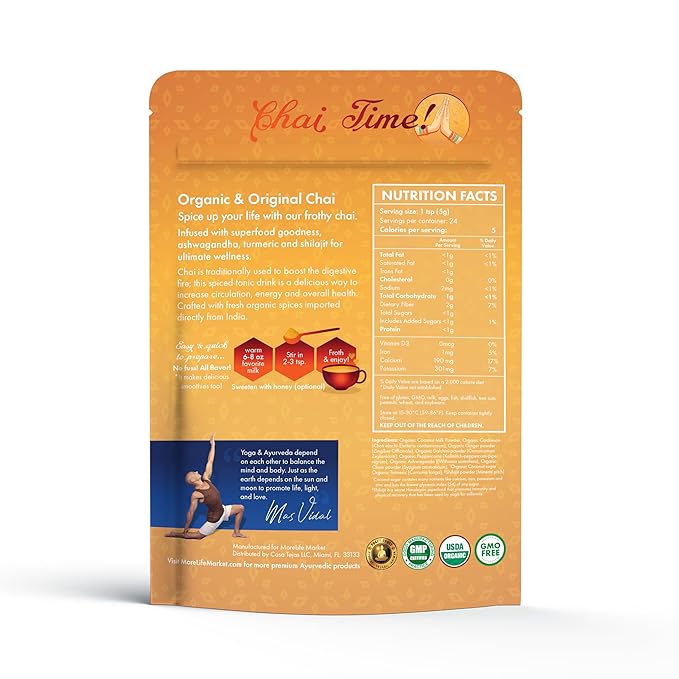 MoreLife Market Premium Superfood Chai Latte Tea | Caffeine-Free Ayurvedic Tea Powder for Immunity & Energy | Organic Turmeric & Shilajit Blend | Vegan, Non-GMO, Gluten-Free | 40+ Servings - 8oz
