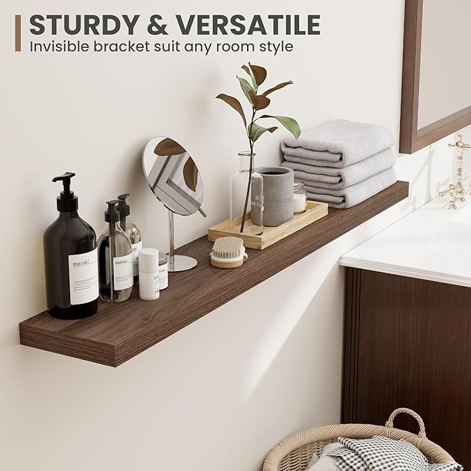 16 Inch Floating Shelves, 8 Inch Deep Floating Shelves for Wall, Hanging Shelf with Invisible Brackets, Deep Shelves for Bathroom, Bedroom, Living Room, Walnut, Set of 2