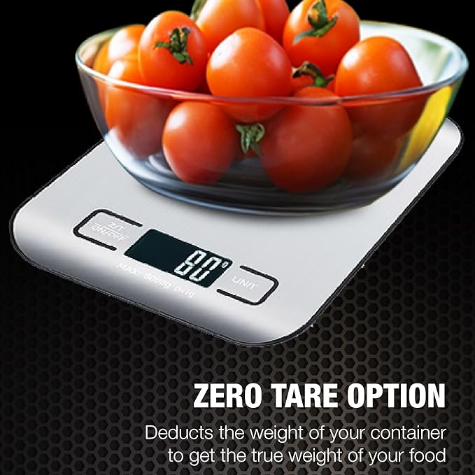 Digital Food Scale with 2 AAA Batteries Trnr-FDSCLE-SLV, Food Scale for Kitchen, Cooking Scale with Zero Tare Option, Kitchen Scale Weighs up to 11 Pounds, Measures in KG, G, LB, OZ, and ML