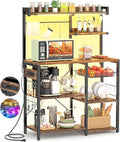 Aheaplus Bakers Rack with Power Outlet and LED light strings, Microwave Oven Stand Kitchen Storage Shelf with Wire Basket, Coffee Bar Station Island table with 10 hooks for Spices, Pots, Rustic Brown