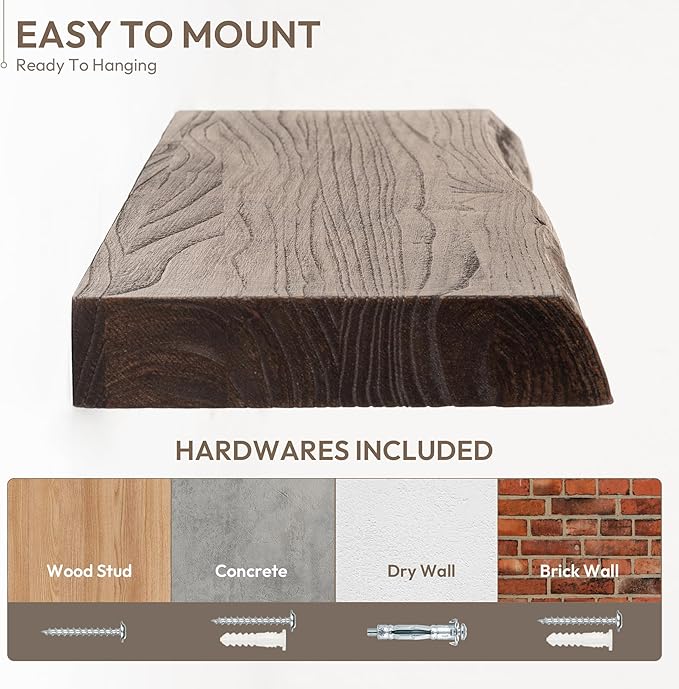 Marsmiles 36 inch Floating Shelves for Wall Elm Wood Live Edge Shelves|Rustic Wall Shelves with Invisible Heavy-Duty Bracket for Bathroom Living Room Kitchen|Walnut, 2 Pack
