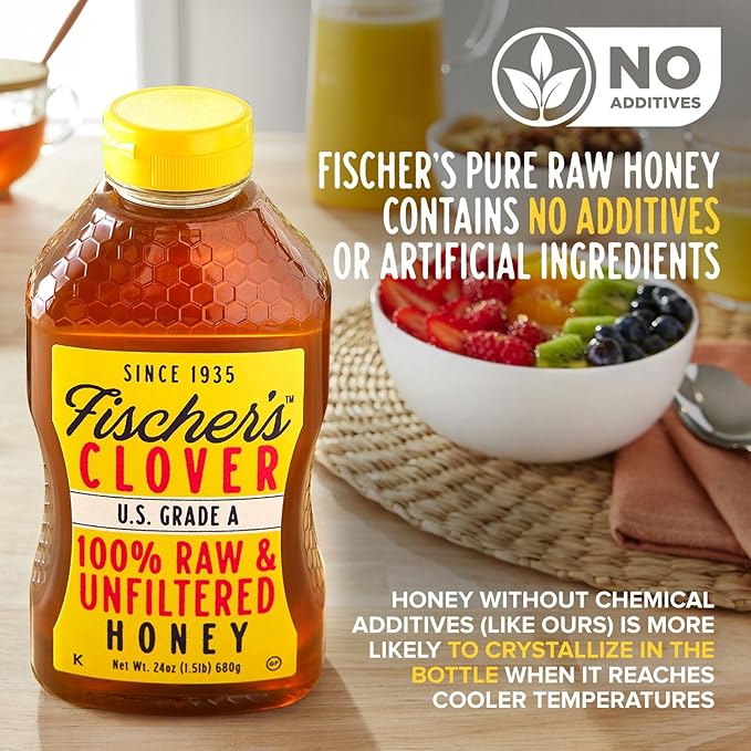Fischer's 100% Pure Clover Honey – Unfiltered Raw Honey, 24 oz Squeeze Bottle – All-Natural Sweetener – Rich Flavor Profile, Packed with Nutrients