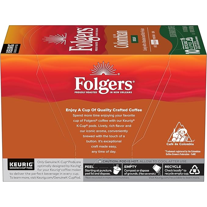 Folgers Colombian Decaf Coffee, Medium Roast, Keurig K-Cup Pods, 10 Count Box