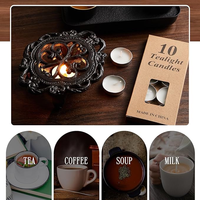Menkxi Cast Iron Teapot Warmer Dish Cups Heater Pot Trivet with 30 Pieces Candles Heavy Duty Decorative Candle Holder Stands for Teapot Heat Food Coffee or Tea
