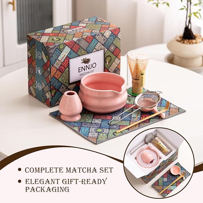 7 Pcs Matcha Kit, Matcha Bowl with Spout, Bamboo Whisk And Scoop, Ceramic Holder And Scoop Rest, Stainless Steel Sifter, Tea Towel. Speckled Pink Glaze Matcha Whisk Set for Beginners And Gifting