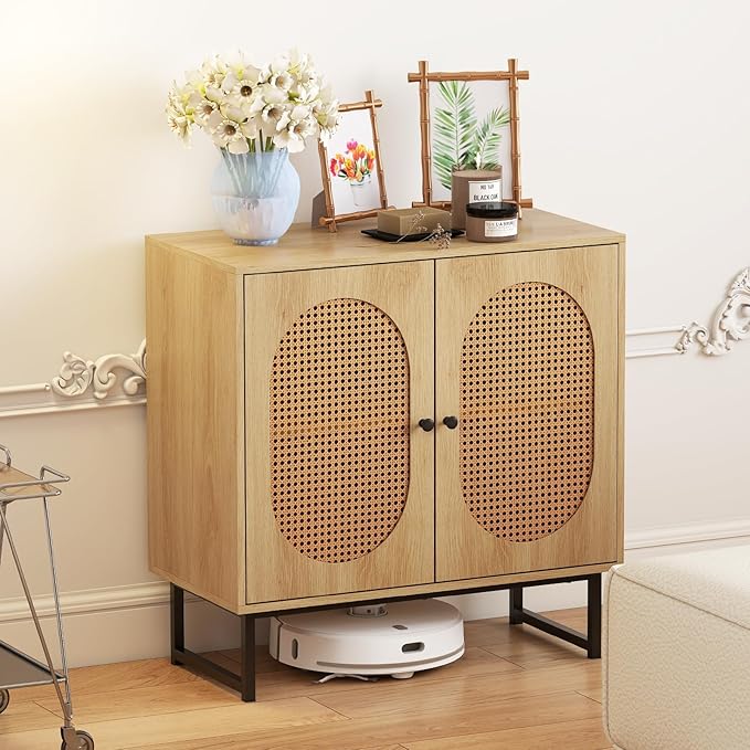 Giantex Rattan Sideboard Buffet Cabinet with Storage, Boho Sideboard with Doors & Adjustable Shelf, Small Accent Buffet Storage Cabinet with Metal Legs for Kitchen, Living Room, Entryway, Natural