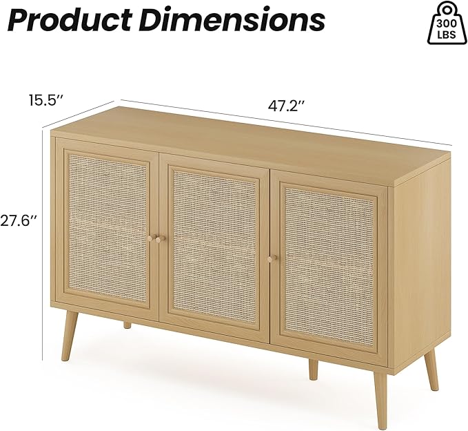47.2" Buffet Cabinet with Storage Accent Sideboard, Modern Kitchen Cabinet with Rattan Doors, Wood Coffee Bar Table Console for Kitchen Living Room Entryway, Khaki