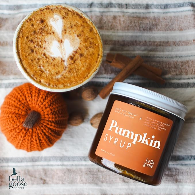 Bella Goose Pumpkin Syrup (16oz) - Homemade Pure Cane Sugar Syrup for Lattes, Matcha, Desserts & Ice Cream - Clean Ingredient - No Artificial Flavors, Dyes or Preservatives - Syrups for Coffee Drinks