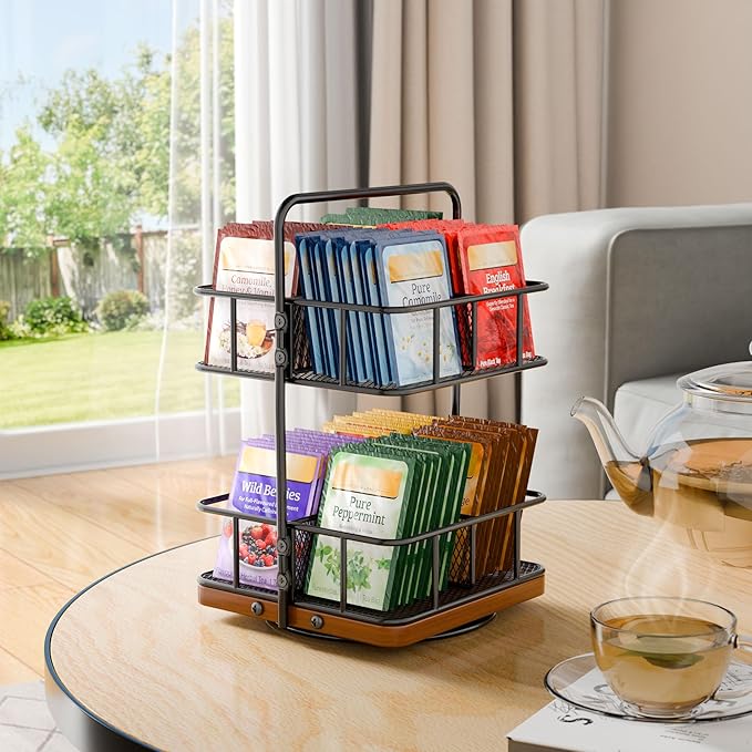 Rotation 2 Tier Tea Bag Organizer, Iron Art Tea Organizers, Acacia Wood Stand Teabag Holder with Handle Easy to Move and 8 Basket Tea Caddy for Tea Bags Organizer for Pantry, Kitchen, Gift Giving