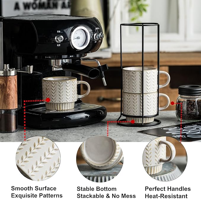 Coffee Mugs Set of 4 with Spoons & Stand, Stackable Espresso Cups 13oz Coffee Mug for Drinks Latte Cappuccino Tea, Coffee Cup for Women Men Couples Housewarming Birthday Gift, Dishwasher Safe
