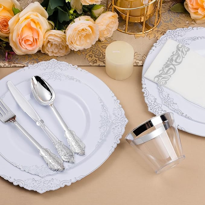 350PCS Silver Plastic Plates for 50 Guests, Disposable Dinnerware Set Includes 100 Disposable Plates, 150 Silver Silverware, 50 Cups, 50 Napkins for Party & Wedding