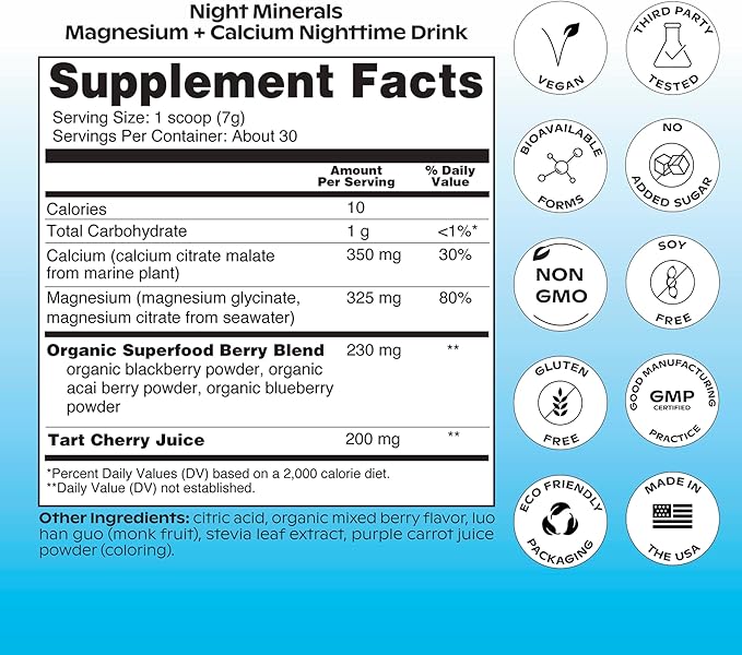 wholier Magnesium Glycinate, Tart Cherry Juice, Chelated Calcium. Calming Nighttime Drink. Natural Support for Sleep, Stress + Relaxation. Night Minerals. (30 Servings)