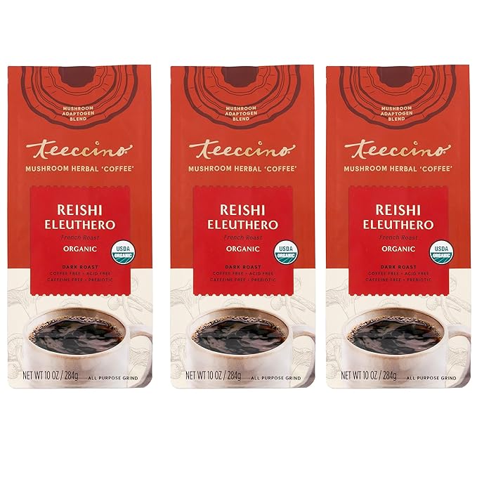 Teeccino Reishi Eleuthero Coffee Alternative - French Roast - Organic Adaptogenic Herbal Mushroom Coffee, Dark Roast, Caffeine Free, Prebiotic, Acid Free, All-Purpose Grind - 10 Oz, Pack of 3