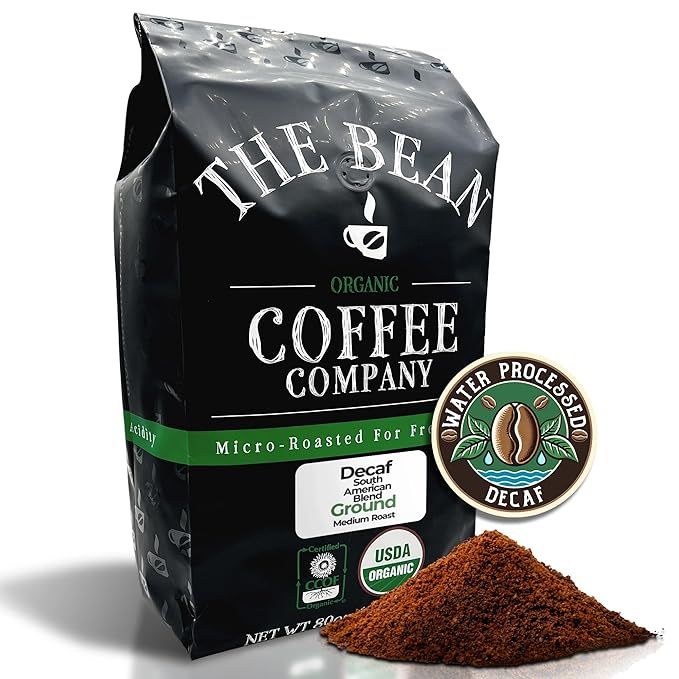 The Bean Organic Coffee Company Water Processed DECAF South America Blend, Medium Roast, Ground Coffee, 5-Pound Bag, Café Molido Tostado Orgánico descafeinado