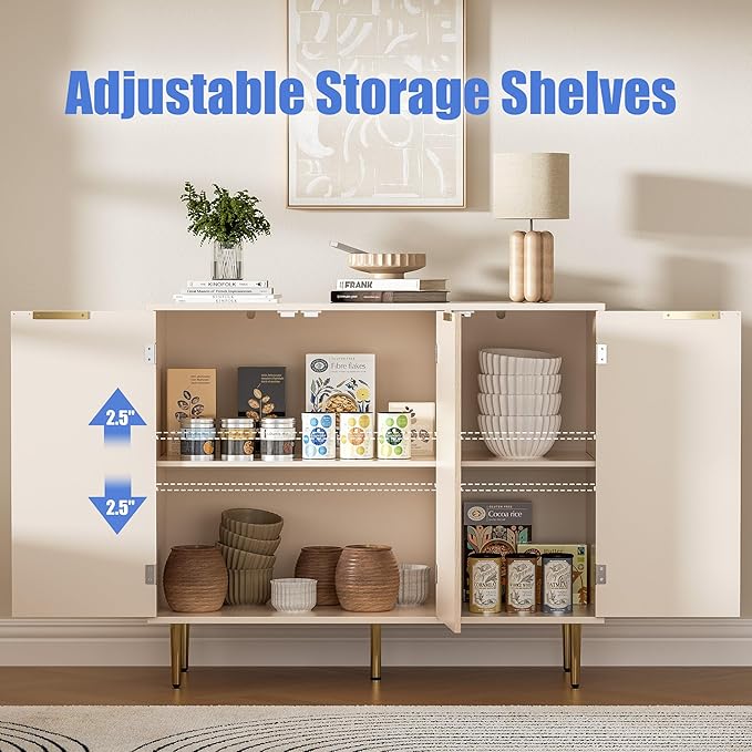 Fluted Sideboard Buffet with 3 Doors, Modern Accent Cabinet with Adjustable Shelves, Kitchen Storage Cabinet with Golden Handles, Coffee Bar for Kitchen, Living Room, Oak