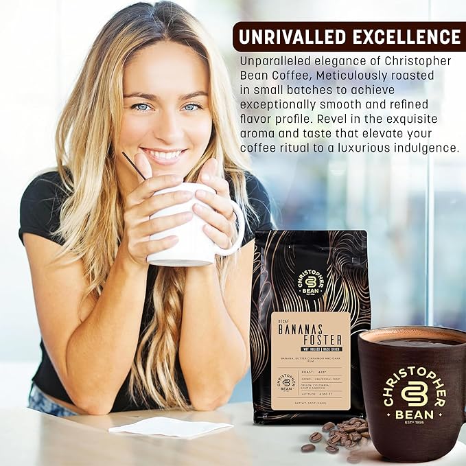 Christopher Bean Coffee - Certified Kosher - Decaf Ground Universal Drip Bananas Foster Flavored Coffee | coffee beans with Medium Roast 100% Arabica, No Sugar, No Fats, Non-GMO | 10-Ounce Bag