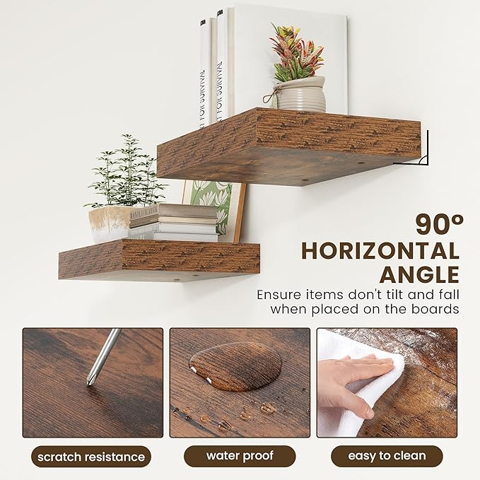 12 Inch Deep Floating Shelves | 16 Inch Brown Floating Shelves Set of 2 | 16W x 12D Rustic Shelves for Wall | Deep Wood Shelves for Living Room Bathroom Kitchen Bedroom