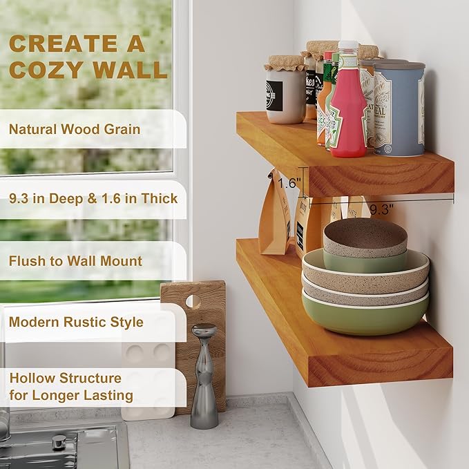 Fun Memories Floating Shelves, 9.3'' Deep Solid Pine Wood Wall Shelves for Storage, Wall Mounted Display Shelf with Invisible Heavy-Duty Metal Bracket, 36'' Width Set of 2, Honey Oak