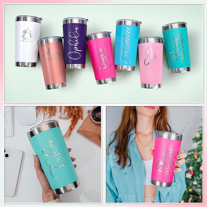 Personalized Tumbler with Engraved Name - 12 Designs, 20 Oz Coffee Tumbler with Slider Lid, Soft Pink, Double Wall Insulated - Custom Gifts for Women