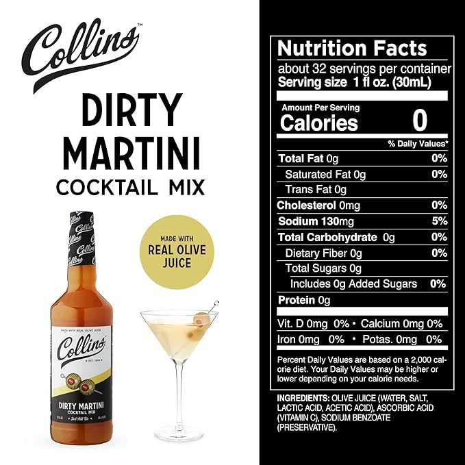 Collins Dirty Martini Mix, Made With Real Olive Brine for the Bold Flavor You Need, Classic Cocktail Recipe Ingredient, Bartender Mixer, Drinking Gifts, Home Cocktail bar, 32 fl oz
