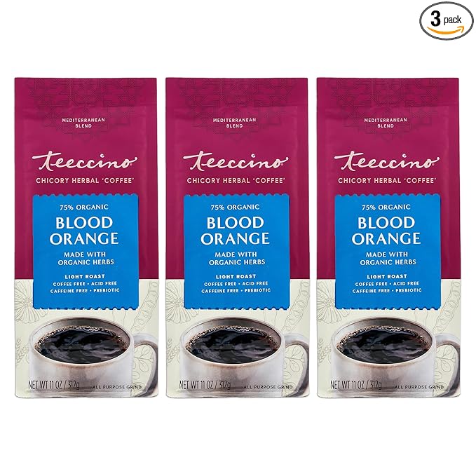 Teeccino Blood Orange Chicory Coffee Alternative - Ground Herbal Coffee That’s Prebiotic, Caffeine Free & Acid Free, Light Roast, 11 Ounce (Pack of 3)