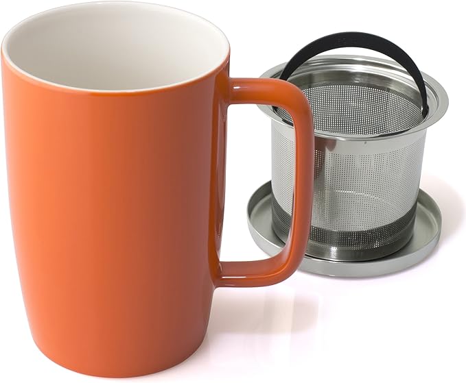 FORLIFE Dew Glossy Finish Brew-In-Mug with Basket Infuser & "Mirror" Stainless Lid 18 oz., Carrot