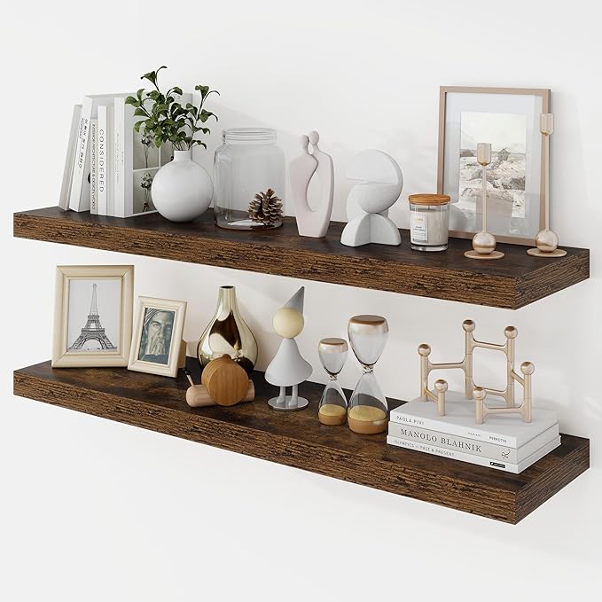 36 Inch Floating Shelves, 9.3" Deep Floating Shelf Wall Mounted, 36" Wall Shelves, Rustic Deep Bookshelf, Large Display Shelves & Storage Shelves for Bedroom, Living Room, Brown, Set of 2