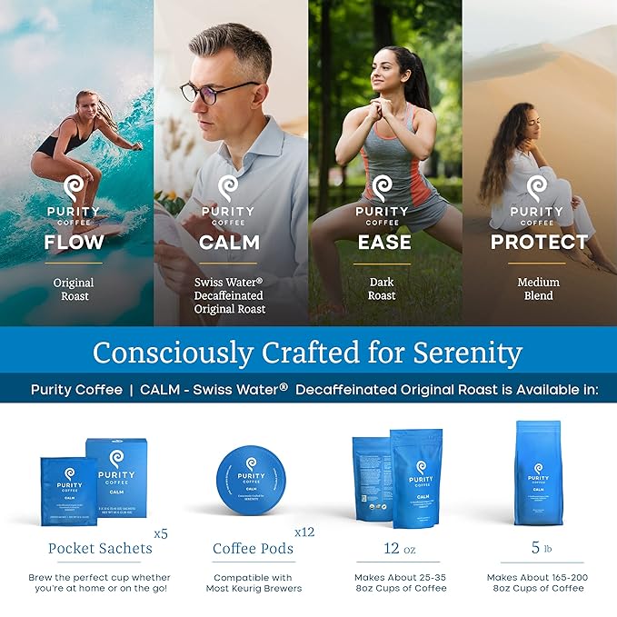 Purity Coffee CALM Decaf Medium Roast Organic Coffee - USDA Certified Organic Specialty Grade Arabica Single-Serve Coffee Pods - Third Party Tested for Mold, Mycotoxins & Pesticides - 12 ct Box