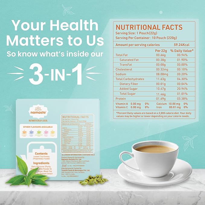 Namaste Chai Instant Tea Premix, Cardamom Chai | Value Pack | Assam Tea | Ready Mix (22g x 10 Sachets, Powder)