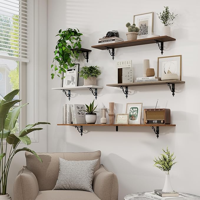 RICHFOCUS Floating Shelves for Wall Decor, 35.4W x 8D Wall Shelves Set of 2, 8 Inch Deep Rustic Wood Shelves Wall Mounted with Brackets, Long Floating Shelves for Living Room Bedroom Kitchen, Grey