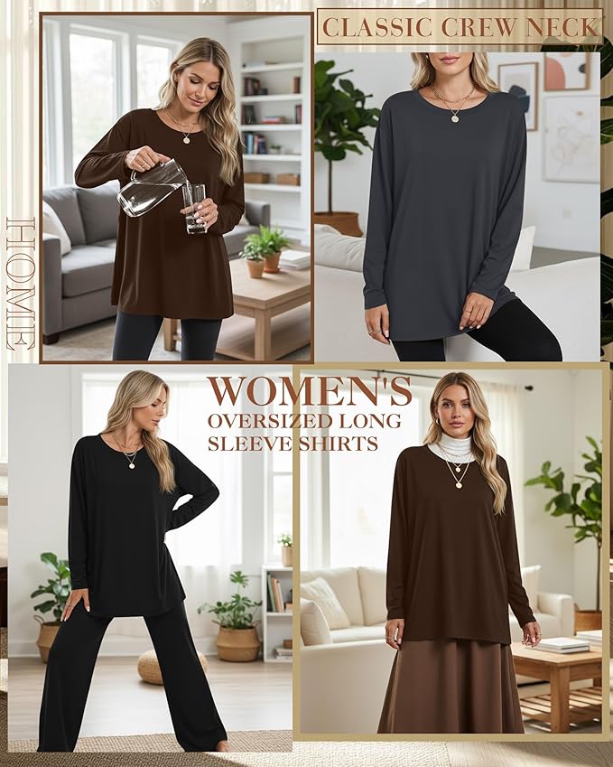 Ficerd 3 Pack Women's Oversized Long Sleeve Shirts Cotton Gym Round Neck Tops Loose Fit Casual Workout Baggy Fall Basic Tee