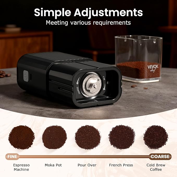 VEVOK CHEF Portable Mini Electric Coffee Grinder,Adjustable Conical Burr Coffee Bean Mill,One-Button Grinder with USB Rechargeable,Auto‑Stop for Espresso to French Press,for Outdoor Use(Black)