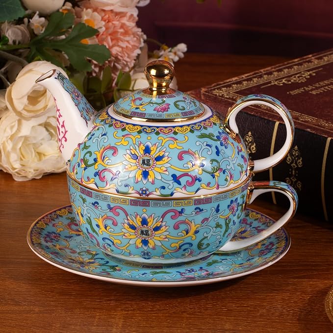 Tea for One, Porcelain Teapot and Cup Set, Vintage Tea Pot and Saucers Set, Ceramic Tea Set for Tea Party, Office and Home, Lake Blue Tea Cups and Saucer Set for Coffee, Cappuccino, Tea