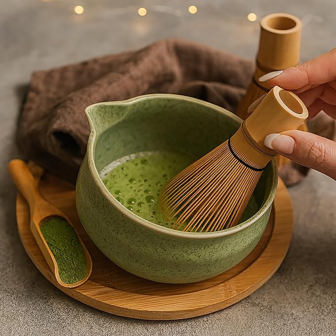 8-Piece Matcha Whisk Set with Ceramic Bowl & Bamboo Tools, Complete Japanese Matcha Tea Ceremony Kit, Green Speckled Chawan with Spout, Matcha Starter Set for Home Rituals & Gifts