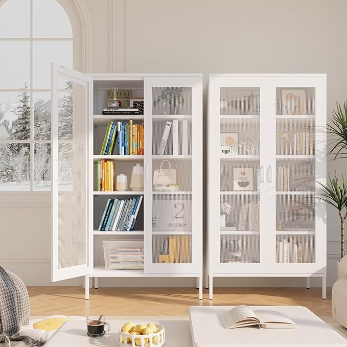 Metal Storage Cabinet,72H Display Cabinets with 2 Mesh Door,Pantry Organizers and Storage,Display Shelves for Collectibles,Storage Cabinet for Home, Office, Bookcase(White)