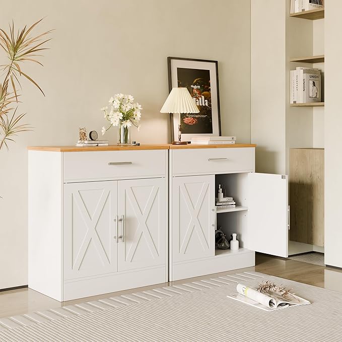 SUNLEI Coffee Bar Cabinet, Wooden Storage Cabinet with 2 Doors & 1 Drawers, Modern Farmhouse Kitchen Buffet Sideboard Cabinet with Storage for Living Room, Adjustable Shelf, White&Yellow