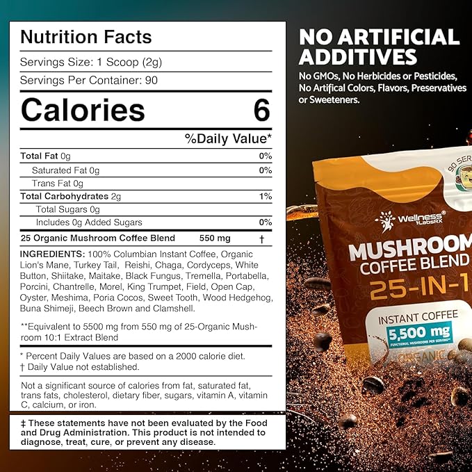 Mushroom Coffee Organic Instant Coffee, 25-in-1, Third-Party Tested Keto Friendly Lions Mane Supplement with Functional Mushrooms – Shiitake, Reishi, Lion’s Mane & More | Smooth, Rich Flavor - 90 Servings (Pack of 2)