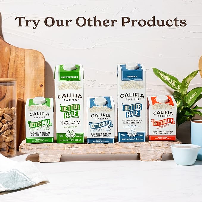 Califia Farms - Unsweetened Better Half, Half and Half Substitute, 32 Oz (Pack of 6), Almond Milk, Coconut Cream, Coffee Creamer, Keto, Shelf Stable, Dairy Free, Plant Based, Vegan