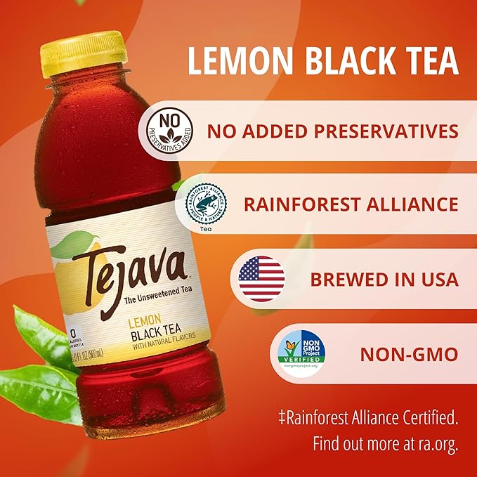 Tejava Lemon Black Iced Tea, 6 Pack, 16.9oz PET Bottles, Unsweetened, Non-GMO, Kosher, No Sugar or Sweeteners, No calories, No Preservatives, Brewed in Small Batches