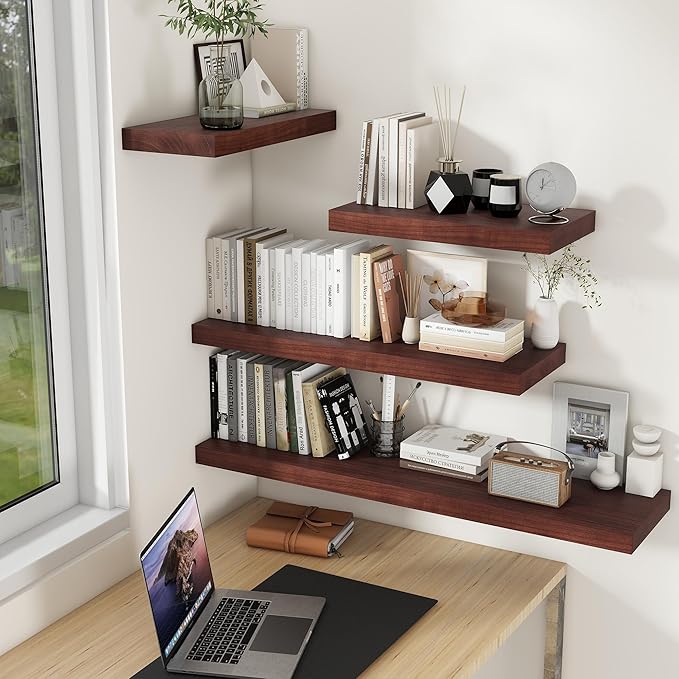 Fun Memories 9 Inch Deep Floating Shelves, Rustic Solid Wood Floating Shelf 30 Inch Long, 30 x 9 Wide Bathroom Shelves for Storage & Display, Red Brown