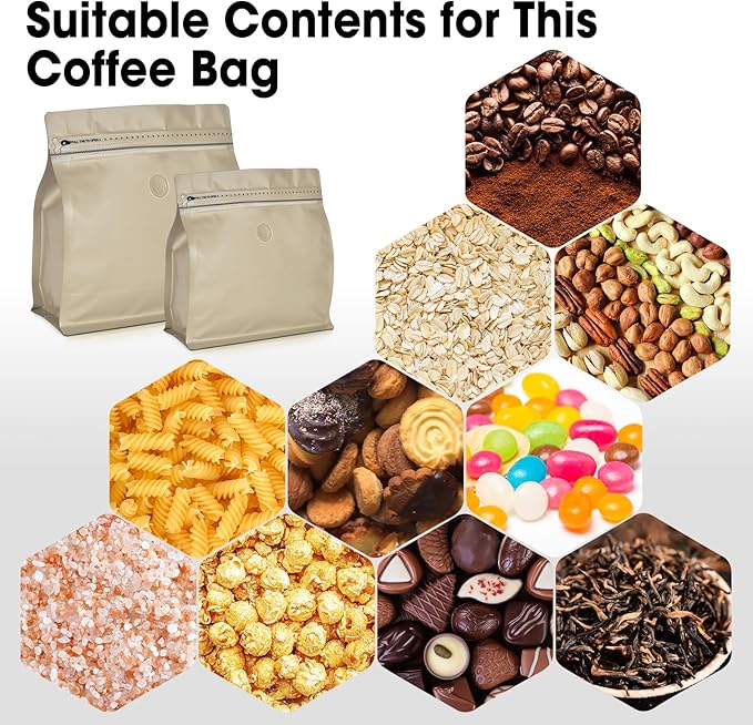 50 Count 8oz Coffee Bags with Valve,1/2 lb Vented Coffee Beans Packaging Bags High Barrier Aluminumed Foil Flat Bottom Heat Sealed Side Zipper Resealable Storage Bag for Home or Business（Brown）