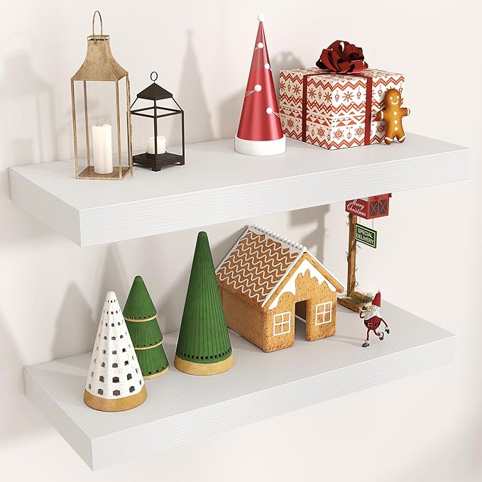Floating Shelves for Wall, Engineered Wood Wall Shelves with Invisible Brackets for Living Room Bedroom Bathroom Office Kitchen Decor and Storage (White, 24" W x 9" D x 1.5" H) Set of 2