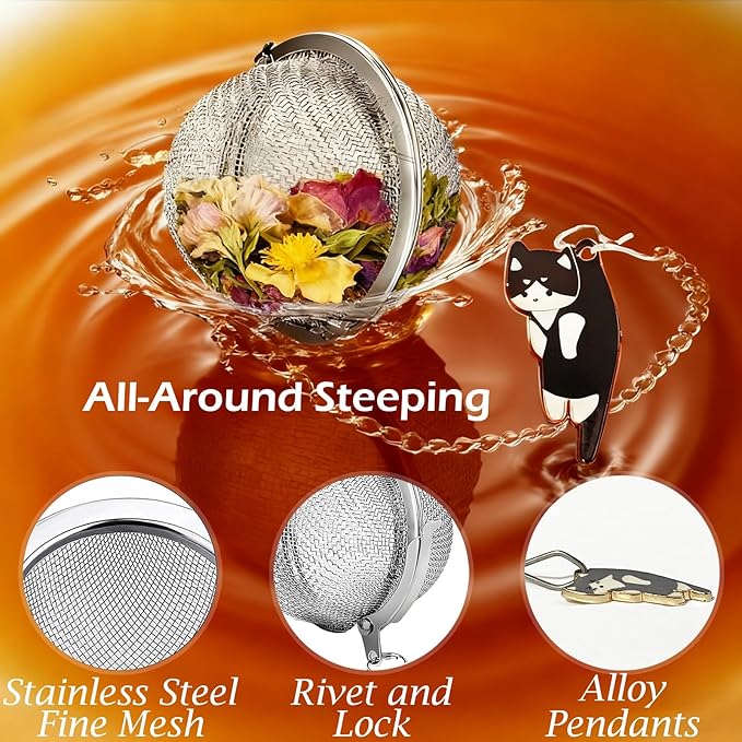 Cat Tea Infuser Set, 4-Pack Stainless Steel Loose Leaf Tea Balls with Cute Alloy Cat Charm Pendant, Reusable Strainer for Cold Brew, Gift for Tea Lovers (Black & Gray & White & Calico)