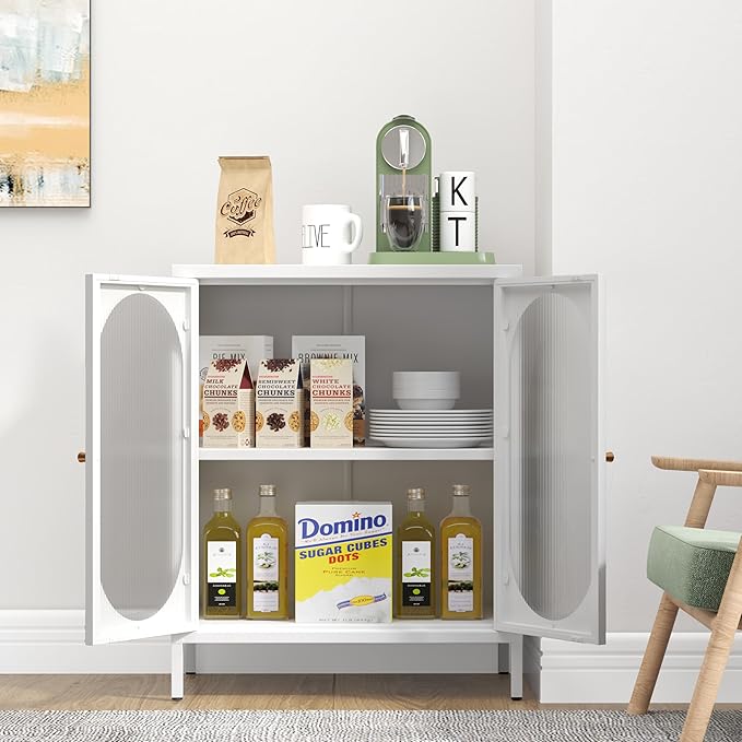 Small 2 Transparent Door Metal Storage Side Buffet Cabinet for Bed Room,Living Room,Entryway,Hallway,Home,Hotel,Office,Garage,Kitchen,1 Removable Shelf. (Transparent Door, White)