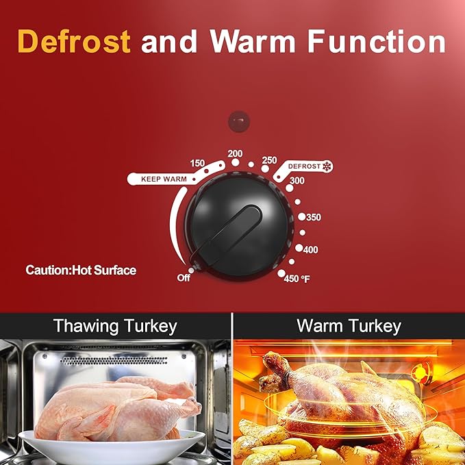 Sunvivi 26lb 22-Quart Roaster Oven, Electric Roaster Oven with Viewing Lid, Turkey Roaster with Unique Defrost/Warm Function, Large Roaster with Removable Pan & Rack, Stainless Steel, Red