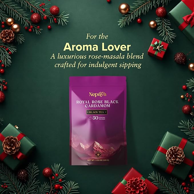 Royal Rose Cardamom Black Tea Bags, Assam Rose tea with Black Cardamom & Rose Petals, Luxury Chai Blend, 50 individually Wrapped Biodegradable Pyramid Bags, Premium Rose Tea