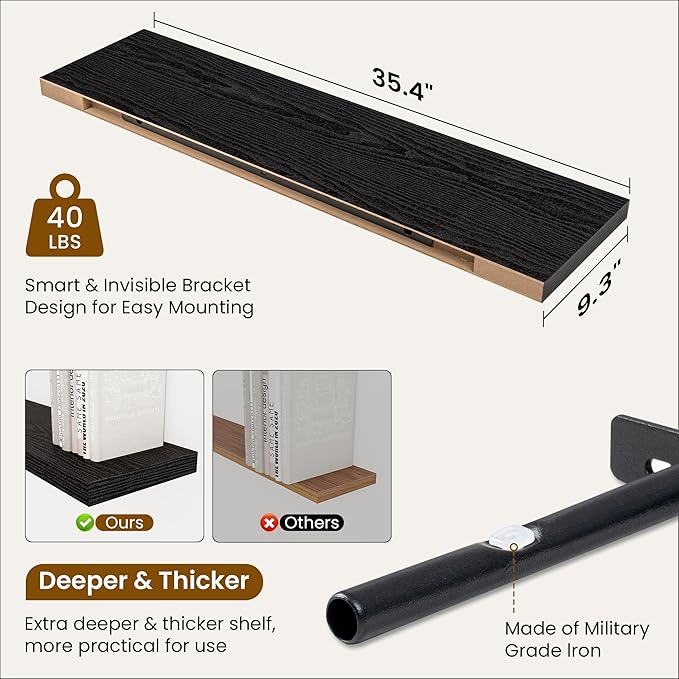 Fun Memories 36 Inch Floating Shelves, 9.3 Inch Deep Rustic Wall Shelves - Extra Deeper Wall Mounted Storage Shelves for Bathroom, Kitchen, Living Room (Black, Set of 2)