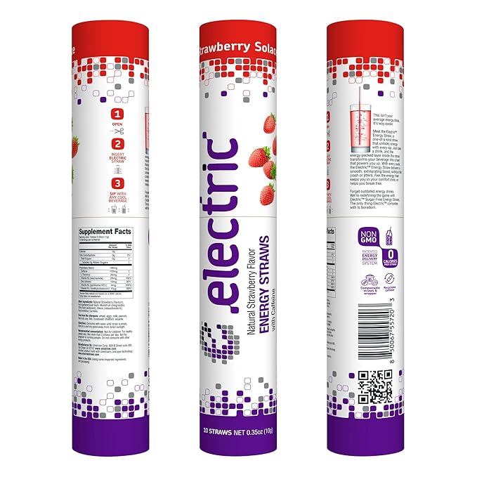 Smooth and Gentle Caffeine Energy. No Sugar. No Calories. Healthy and All Natural Electric Energy Straws – Natural Strawberry Solace – 10 straw pack