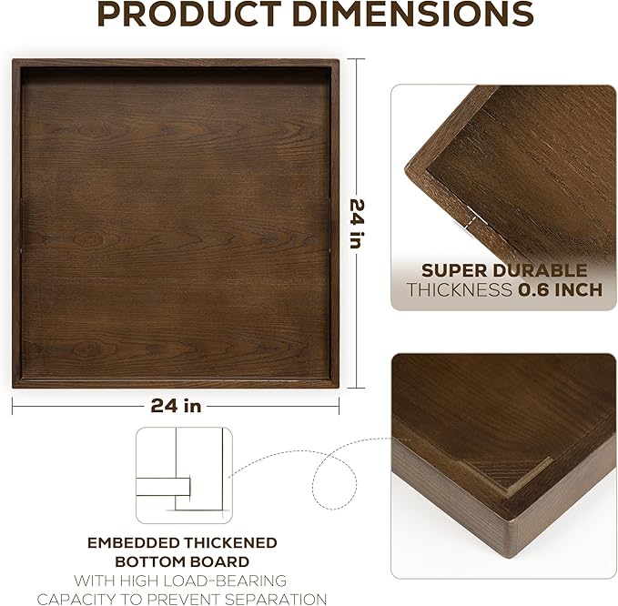 Axeman 24 Inch Large Square Wooden Ottoman Tray for Living Room|Extra Large Serving Tray with Handles for Coffee Table, Breakfast|Decorative Wood Tray for Ottoman Couch Sofa Kitchen|Walnut